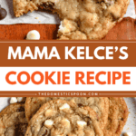 Pinterest image of a close-up shot of a Mama Kelce's cookie with a bite taken out and an overhead shot of a plateful of Mama Kelce's cookies.