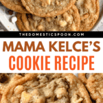 Pinterest image of an overhead shot of a plateful of Mama Kelce's cookies and a close-up shot of a Mama Kelce's cookie with a bite taken out.
