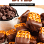 Pinterest image of a plate full of chocolate-covered peanut butter pretzel bites.