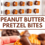 Pinterest image of a cookie sheet lined with parchment paper with chocolate-dipped pretzel bites on it, and a hand holding a peanut butter pretzel bite covered in chocolate.