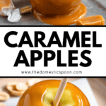 Pinterest image of Caramel Apple on a parchment paper-lined baking sheet.