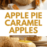 Pinterest image of the side view of an apple pie caramel apple with a wooden stick coming out the top.