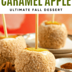 Pinterest image of the side view of an apple pie caramel apple with a wooden stick coming out the top.