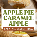 Pinterest image of a bite taken out of an apple pie caramel apple and the side view of an apple pie caramel apple with a wooden stick coming out the top.