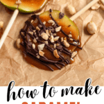 Pinterest image of apple slices on a wooden stick topped with a variety of toppings such as drizzled chocolate, mini chocolate chips, crushed peanuts and or toffee bits.