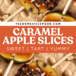 Pinterest image of apple slices on a wooden stick topped with a variety of toppings such as drizzled chocolate, mini chocolate chips, crushed peanuts and or toffee bits.