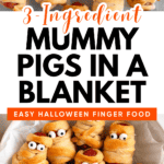 Pinterest image of a serving bowl with mummy pigs in a blanket with candy eyes.