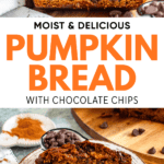 Pinterest image of a slice of chocolate chip pumpkin bread on a plate next to the remaining loaf.