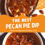 Pinterest image of a top-view shot of the pecan pie dip on an oval platter with waffle cone dippers on the side and pecans around it, and a top-view shot of the caramel in a saucepan and whole pecans added to the mix.