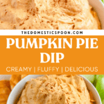 Pinterest image of a full bowl of pumpkin dip with cool whip with a graham cracker in the creamy mixture.