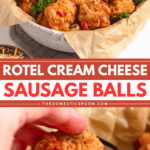 Pinterest image of a large bowl of sausage balls with a small dish of sauce on the side, and a close-up shot of a hand dipping a sausage ball in the sauce.