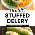 Pinterest image of cream cheese and the rest of the ingredients used to stuff the celery are inside a clear glass bowl, and a platter of stuffed celery.