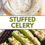 Pinterest image of a bowl of cream cheese mixture sitting on a cutting board, and a platter of stuffed celery.