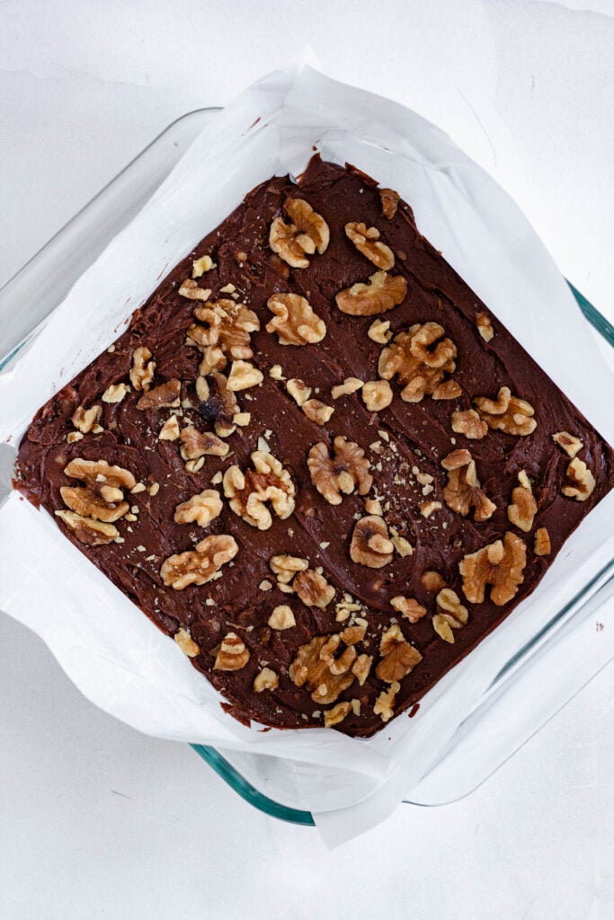 Carnation fudge with walnuts in a  baking dish.