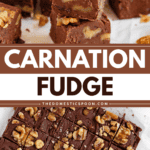 Pinterest image of a stacked chocolate fudge squares with walnuts, and carnation fudge cut into squares and topped with crunchy walnuts.