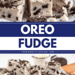 Pinterest image of close-up shots of creamy Oreo fudge cubes topped with crushed Oreos sits on plates with parchment papers.