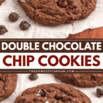 Pinterest image of freshly baked double-chocolate chip cookies topped with sea salt, with chocolate chips on the side in a parchment paper, and a double-chocolate chip cookie with a gooey center and a bite taken out.