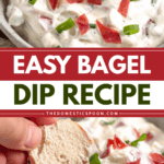 Pinterest image of a close-up shot of a bowl of creamy bagel dip topped with green onions and dried beef, served with sesame bagel slices, and a close-up shot of hand dipping a sesame bagel slice into the creamy bagel dip.