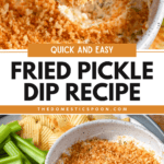Pinterest image of a hand holding a chip scooped into the fried pickle dip, and a close-up shot of the fried pickle dip, chips, celery sticks, crackers, and pickles on a plate.