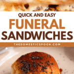 Pinterest image of a close-up shot of the freshly baked funeral sandwiches, and a shot of a slice of the funeral sandwich topped with poppy seeds on a plate.