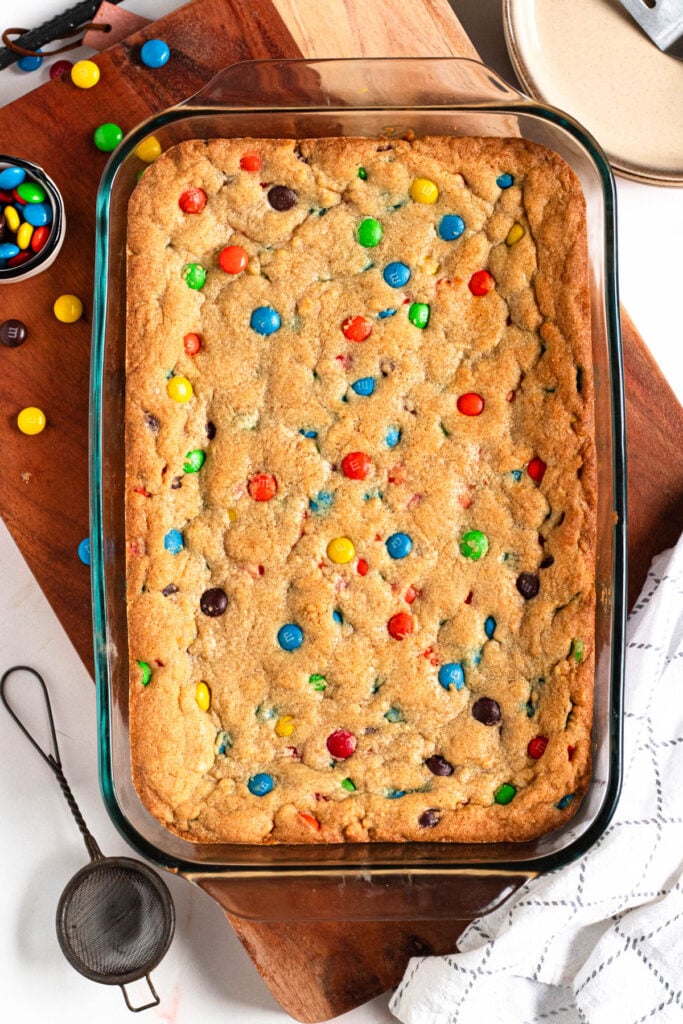 Perfectly baked M&M cookie bars.