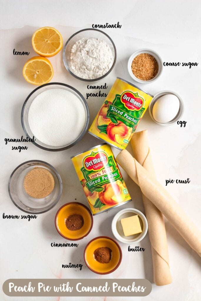 Ingredient shot of the ingredients used to make Peach Pie with Canned Peaches.