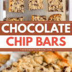 Pinterest image of a tray of chocolate chip bars cut into squares, and a chocolate chip bar with a bite taken out, resting on a piece of parchment paper.