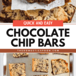 Pinterest image of a chocolate chip bar with a bite taken out, resting on a piece of parchment paper, and a tray of chocolate chip bars cut into squares.
