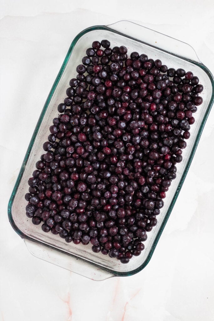 A glass pan with frozen blueberries.