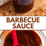 Pinterest image featuring a pastry brush dipped into homemade 3-ingredient barbecue sauce and a spoon dipped in BBQ sauce from a glass bowl.