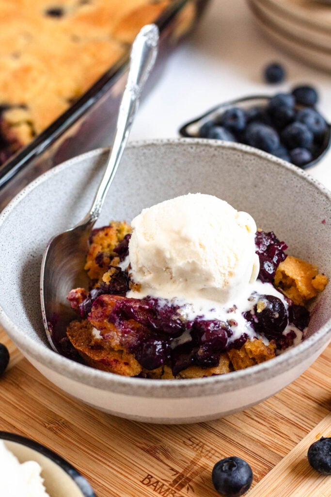 A bowl of warm, gooey 3-ingredient blueberry cobbler topped with ice cream.