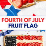 Pinterest image of a slice of the American flag fruit pizza, and a sugar cookie with frosting, topped with blueberries and strawberries in a flag design.