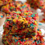 Pinterest image of two colorful Fruity Pebbles Rice Krispie Treats stacked on a plate, surrounded by scattered cereal and mini marshmallows.