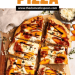 Pinterest image of the golden-brown Peach Pizza topped with prosciutto, goat cheese, balsamic glaze, and fresh thyme, sliced into rectangles on parchment paper.
