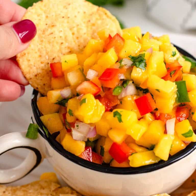 Fresh Mango Pico de Gallo served with tortilla chips.