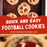 Pinterest image of a top-view shot of freshly baked Football Cookies in a baking tray, and a close-up shot of a Football Cookie with a bite taken out of it.