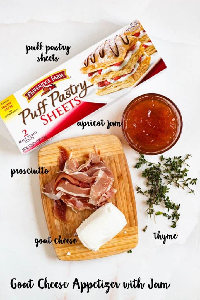 Ingredient shot of ingredients to make Goat Cheese Appetizer with Puff Pastry & Jam.