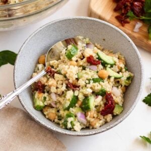 A bowl of flavorful and light Mediterranean Quinoa Salad.