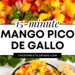 Pinterest image of a close-up of the Mango Pico de Gallo, and the pico de gallo served in a white cup with tortilla chips on the side.