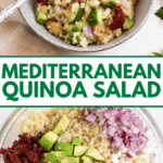 Pinterest image of a bowl of flavorful and light Mediterranean Quinoa Salad with a spoon, and the salad ingredients inside a large bowl.
