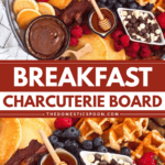 A Breakfast Charcuterie Board filled with pancakes, waffles, bacon, sausages, fresh berries, and sweet toppings like Nutella, honey, and chocolate chips