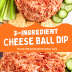 Pinterest image of a top-view shot of the bacon cheese ball served with crackers, cucumber slices, and celery sticks, and a close-up shot of the cheese ball with a scoop taken out.