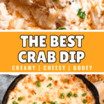 Pinterest image of a close-up shot of hand dipping a crostini in the creamy hot crab dip, and a top-view shot of the crab dip in a skillet.