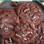 Pinterest image of a top-view shot of a plateful of Andes Mint Cookies topped with sea salt.