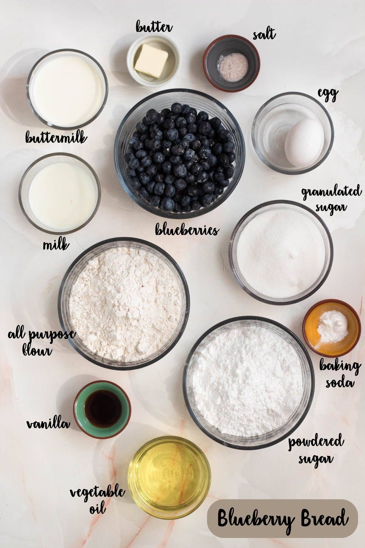 Ingredient shot of ingredients to make Blueberry Bread.