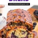 Pinterest image of blueberry bread with a photo of a slice in front of the loaf.