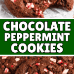 Pinterest image of a close-up shot of a Chocolate Peppermint Cookie with a bite taken out, resting on parchment paper, and a close-up shot of a stack of Chocolate Peppermint Cookies.