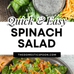 Pinterest image of a large salad bowl filled with an untossed spinach salad with cheese, bacon, and poppyseed dressing, and a close-up of spinach salad on a plate with a fork resting on the side.