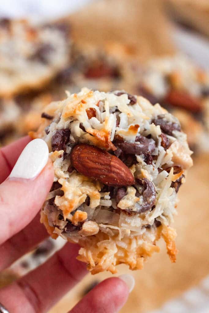 Fully baked cookies topped with an almond, ready to eat