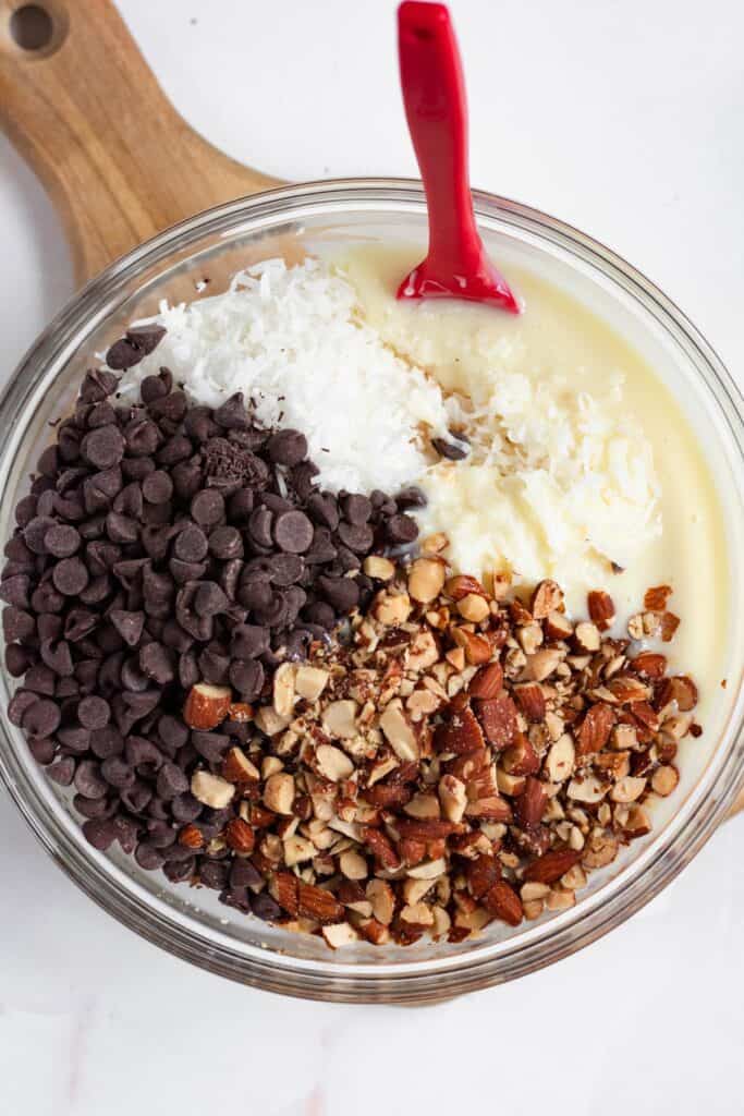 Shredded coconut, sweetened condensed milk, chopped almonds, chocolate chips, and vanilla extract in a big bowl